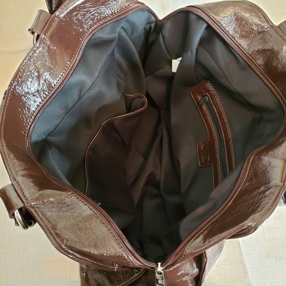 Oversized Purse Brown Tote Bow Front High Shine Shoulder Bag 17" Wide - Picture 13 of 16
